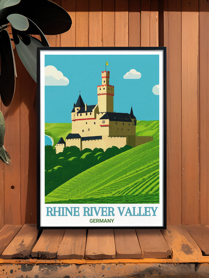 Rhine River art with beautiful Marksburg Castle modern prints perfect for Germany travel gifts and stunning living room decor