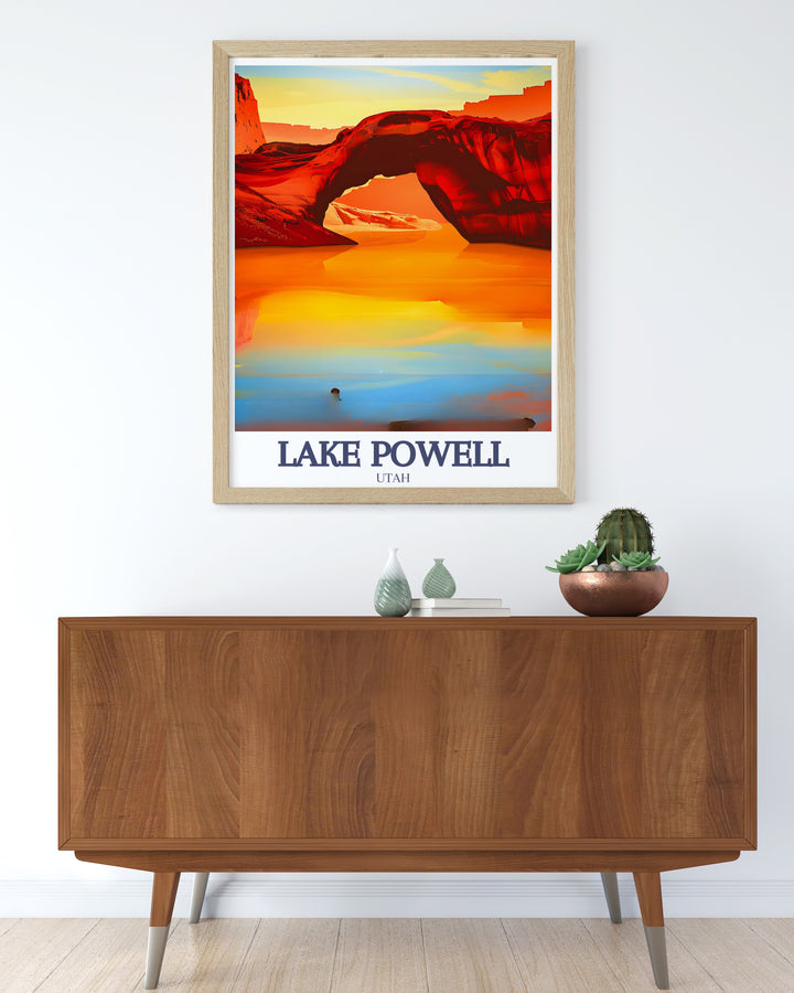 Experience the magic of Lake Powell with this travel poster featuring Rainbow Bridge and Glen Canyon. Perfect for nature lovers, this Lake Powell wall art brings the beauty of the American Southwest into your home, offering a serene and captivating view.