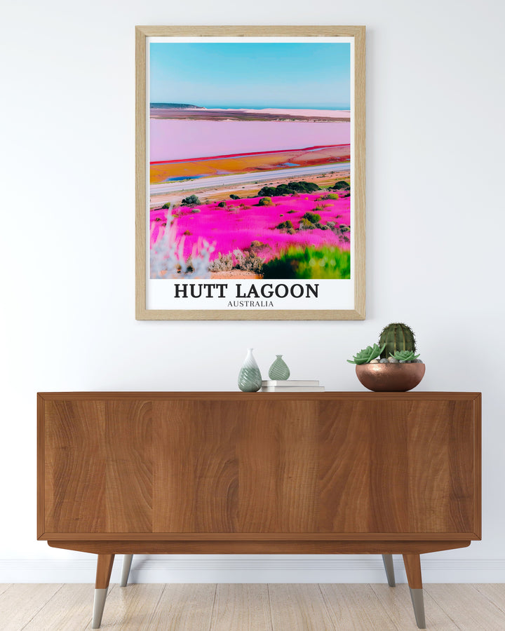 Brighten your home with the Hutt Lagoon Poster Print featuring the serene landscape of the Hutt River Coral Coast Highway This Australia Wall Art adds a pop of color and sophistication to any space perfect for modern and traditional decor styles alike