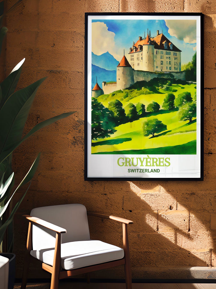 Gruyeres Castle stunning wall decor that brings a piece of Switzerland into your home. This art print is a great gift for travelers and lovers of Swiss architecture, offering a glimpse of Gruyeres timeless beauty.