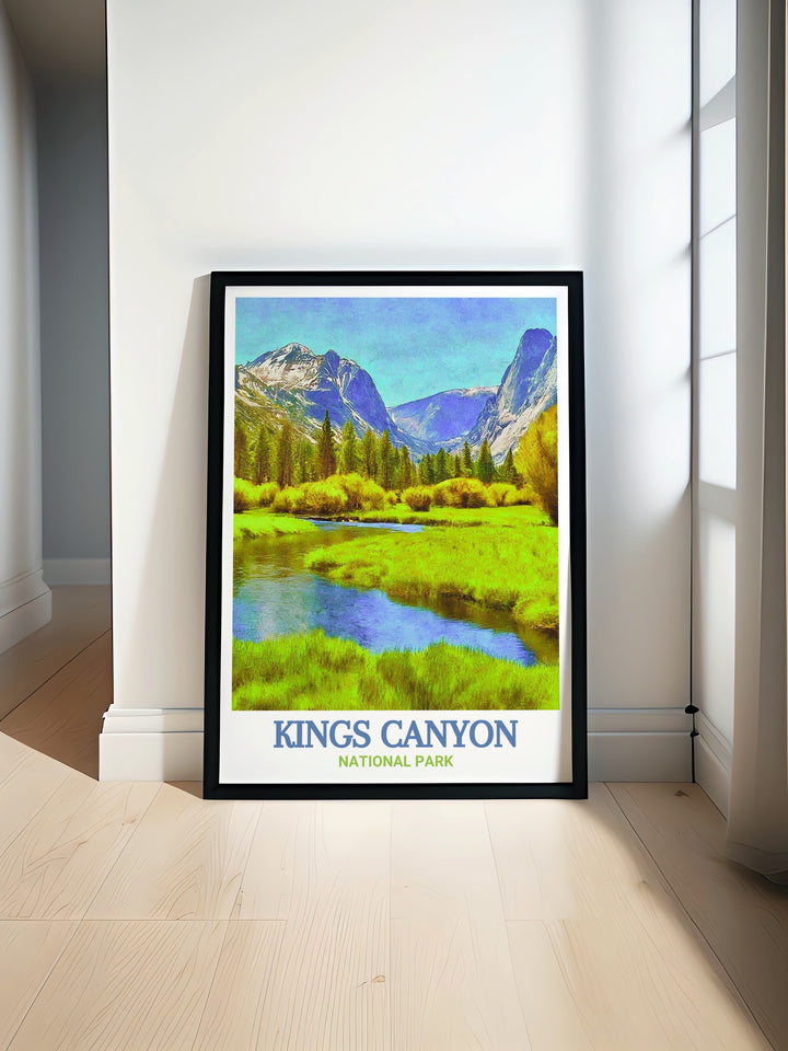 Kings Canyon National Park travel poster featuring Zumwalt Meadow. This wall art beautifully captures the untouched beauty of the parks meadows and mountains, making it a must have for anyone who appreciates the wonders of nature.