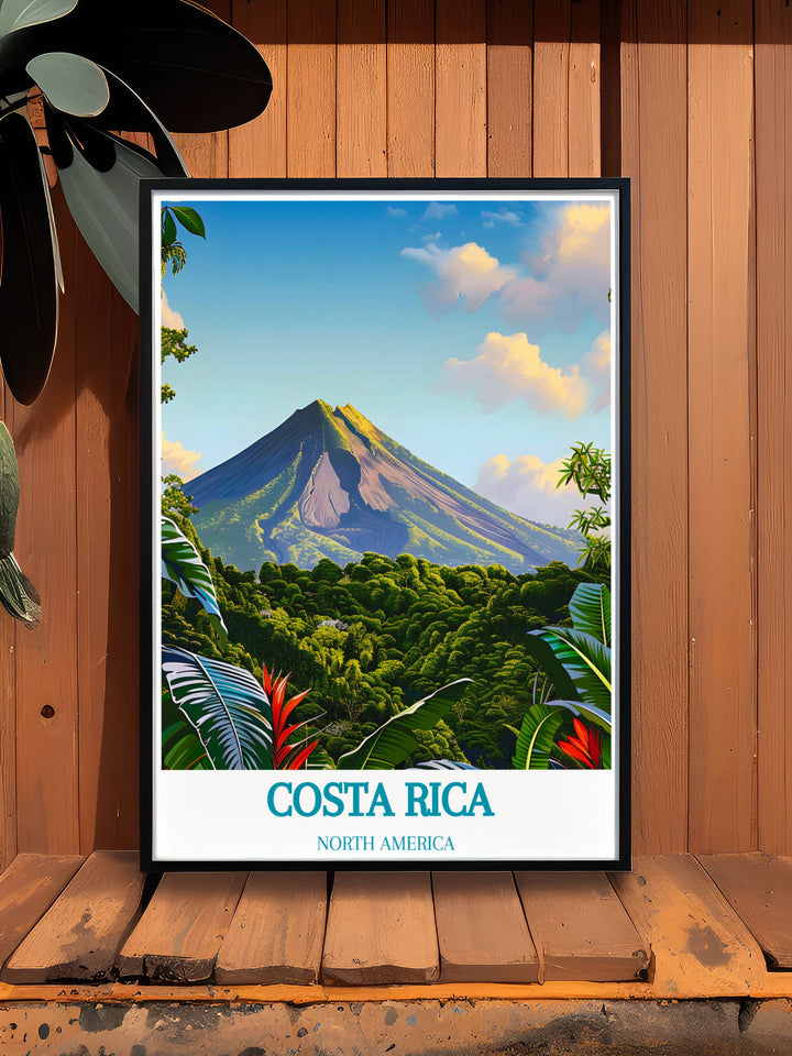 Elegant Costa Rica wall art depicting the powerful Arenal Volcano and the vibrant Saint Teresa, showcasing the countrys natural and cultural beauty. Perfect for adding sophistication and a touch of Costa Rica to any room.