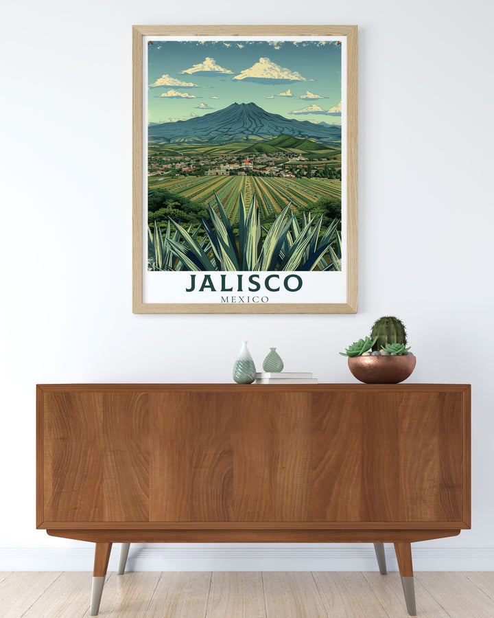 This Jalisco travel print captures the essence of Mexicos Tequila Landscape, with its bold colors and detailed imagery of the iconic agave fields. A perfect gift for anyone who loves Mexicos culture and heritage.