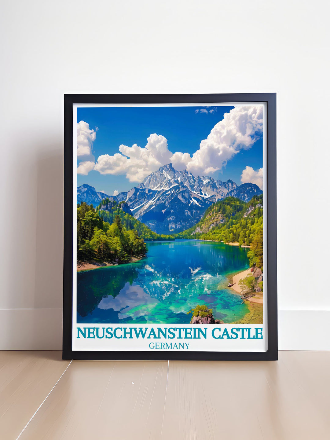 Featuring the iconic architecture and serene waters of Neuschwanstein Castle and Alpsee Lake, this poster showcases the regions inviting landscapes, perfect for those who cherish natural and cultural destinations.