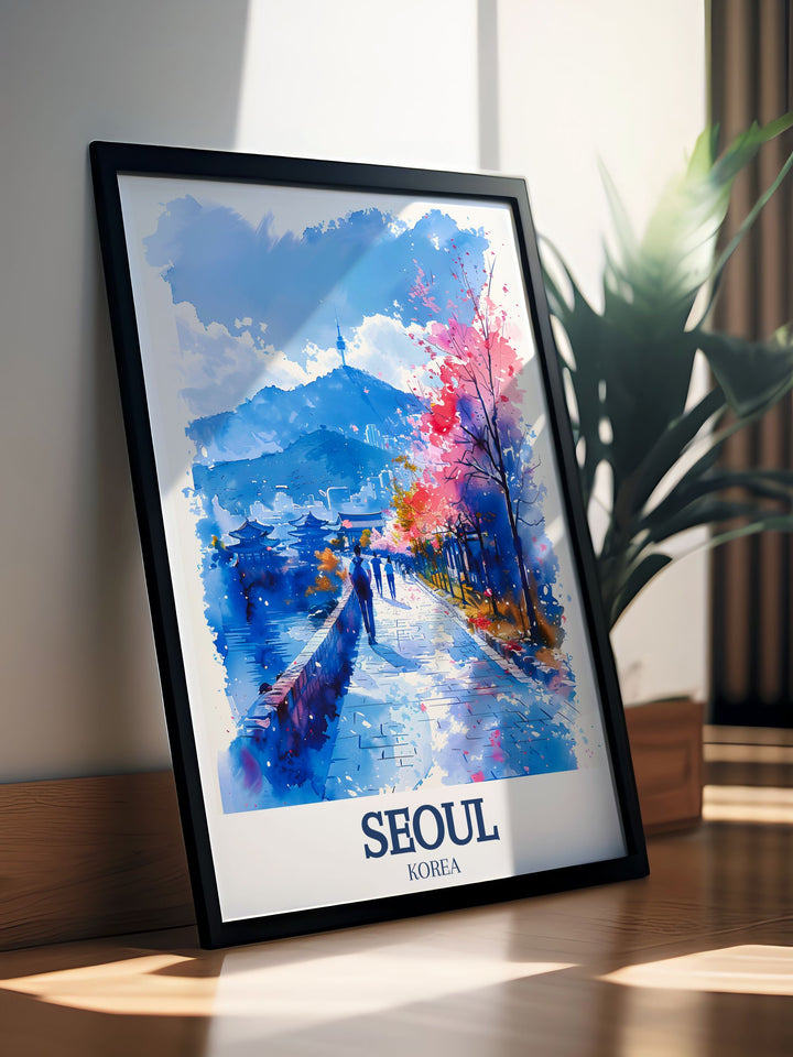 Gorgeous Seoul Art Print featuring N Seoul Tower and Bukchon Hanok Village perfect for adding a touch of elegance to your home decor these prints make wonderful traveler gifts capturing the spirit of Seoul