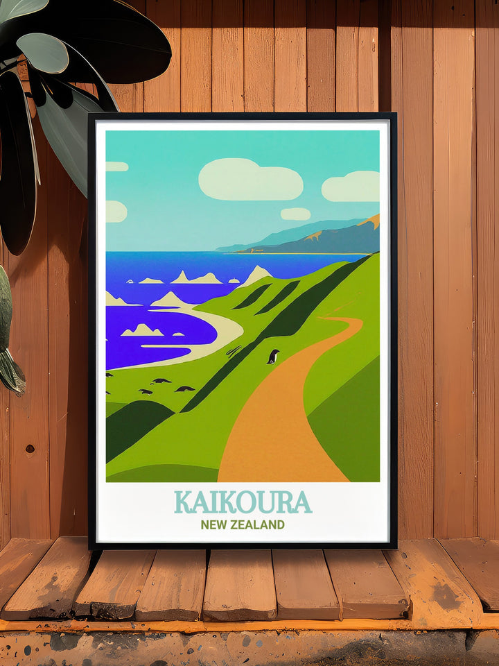 Illustrating the rugged beauty of the Kaikoura Peninsula Walkway, this wall print offers a captivating view of one of New Zealands most picturesque locations. The artwork is perfect for anyone who loves nature and the outdoors, bringing the tranquility of Kaikoura into your home.