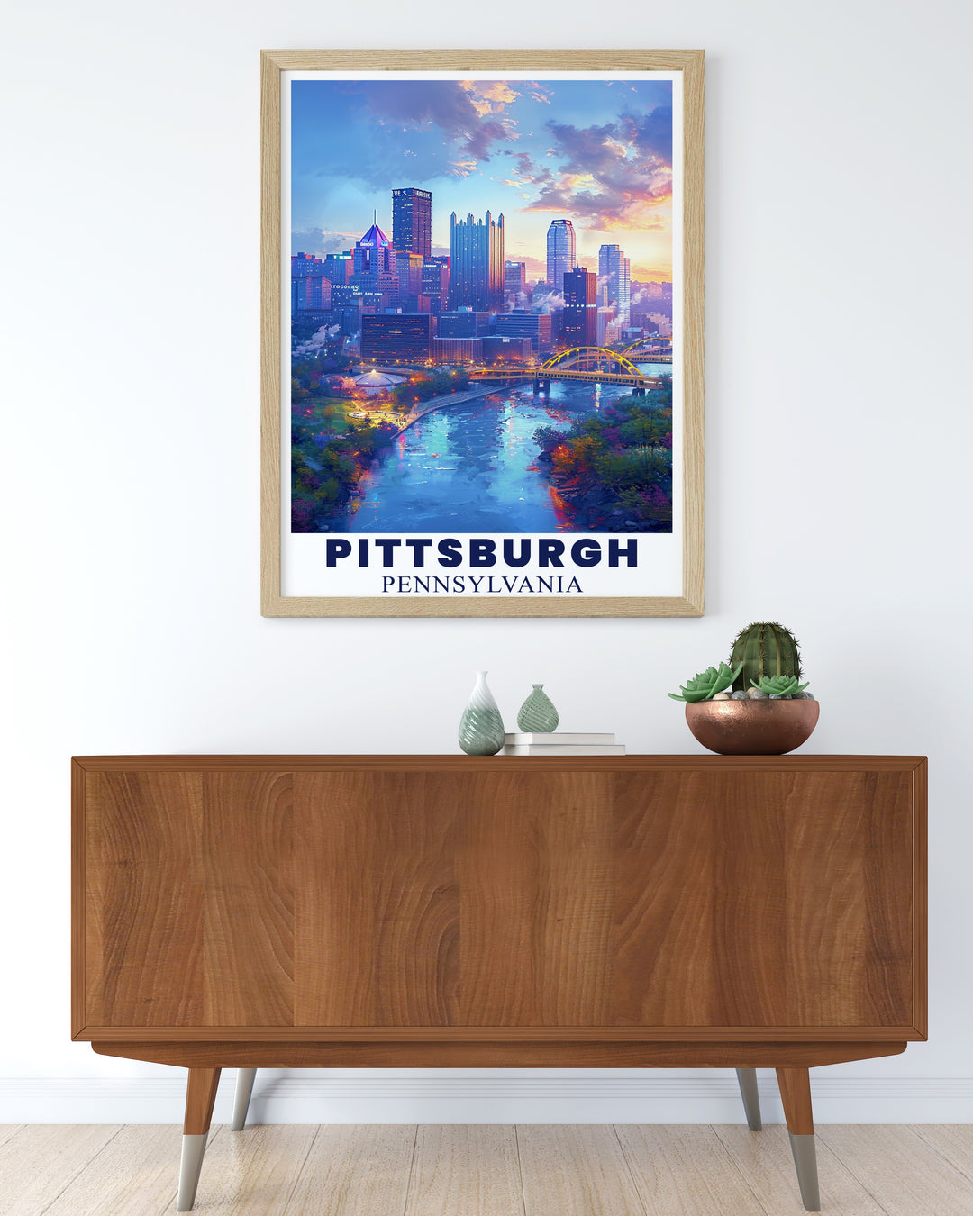 Black and white Pittsburgh poster highlighting the citys unique cityscape and bridges. This artwork is a timeless piece that captures Pittsburghs architectural charm, perfect for minimalist décor and travel enthusiasts alike.