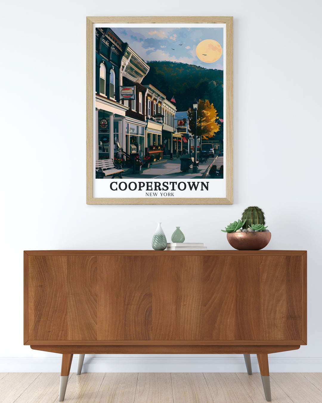 This travel poster of Cooperstowns Main Street offers a nostalgic look at the towns most iconic area. A perfect addition to home decor for lovers of New York State and Americana, this poster is sure to inspire.