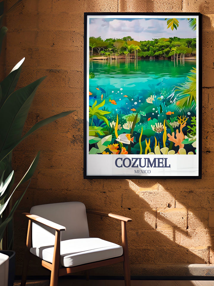 Cozumel Poster with a beautiful depiction of Palancar Reef and Chankanaab National Park. Perfect for modern decor this Mexico Travel Print captures the serene landscapes and vibrant underwater life of Cozumel adding a refreshing touch to your interior.