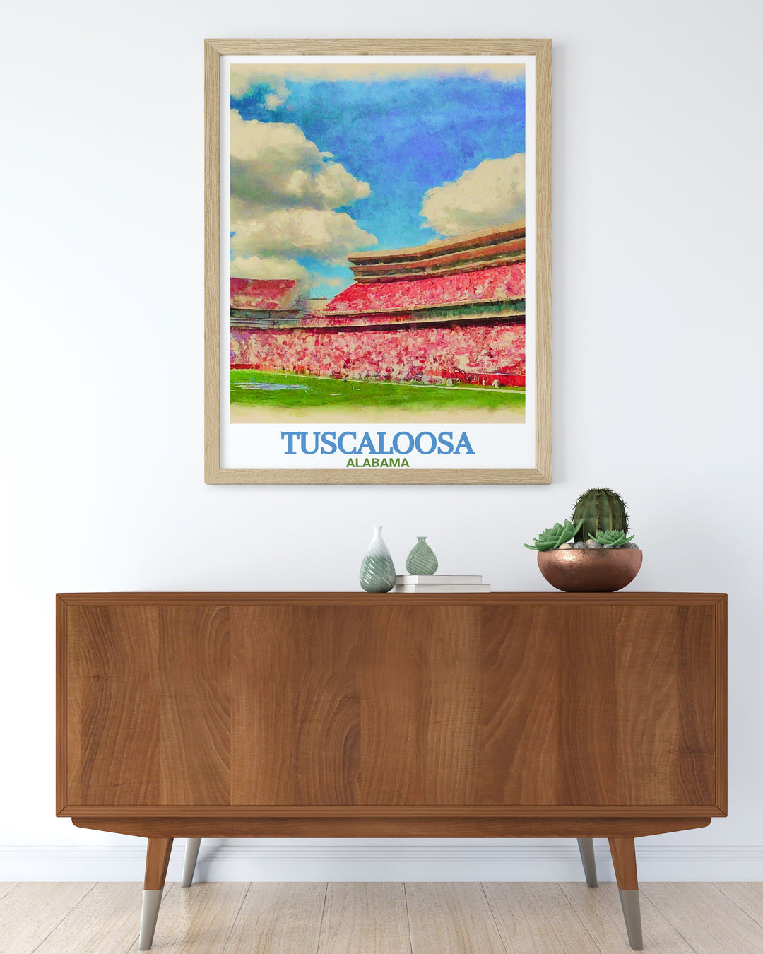 Beautiful Tuscaloosa wall art highlighting Bryant Denny Stadium and the citys skyline an excellent Tuscaloosa gift and decor piece for any space capturing the unique charm and spirit of Tuscaloosa Alabama in a stunning modern print