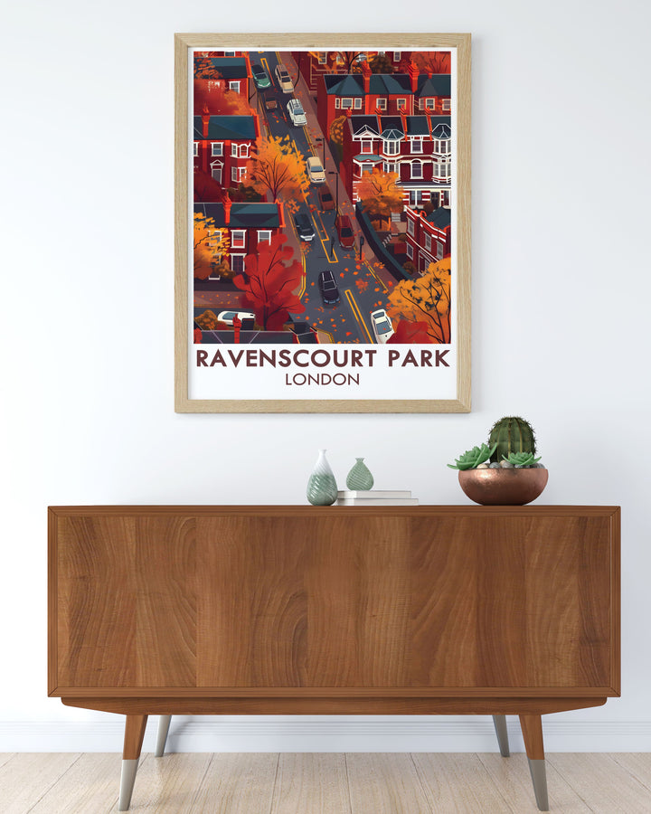 Stunning Ravenscourt Park Residentials Wall Art capturing the serene landscape of the park surrounded by greenery and historic plane trees. This print adds a touch of elegance and calmness to your living space.