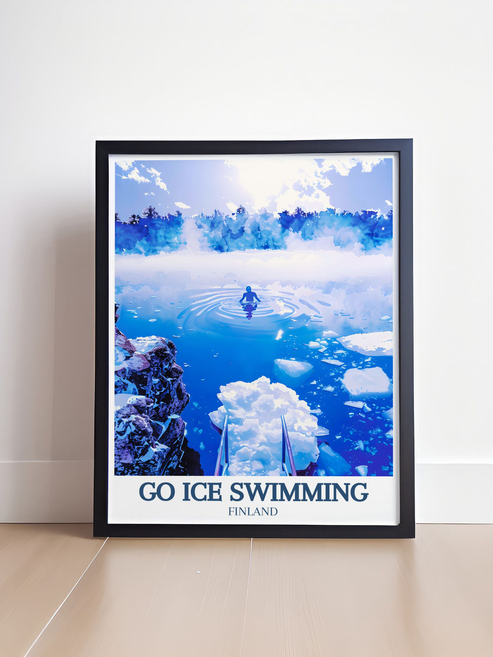 This Go Ice Swimming Poster Print captures the excitement of cold water swimming in Finlands Lake Inari. Its a stunning vintage travel print that showcases the serene beauty of the frozen landscape, making it a perfect choice for outdoor adventurers and wild swimmers.