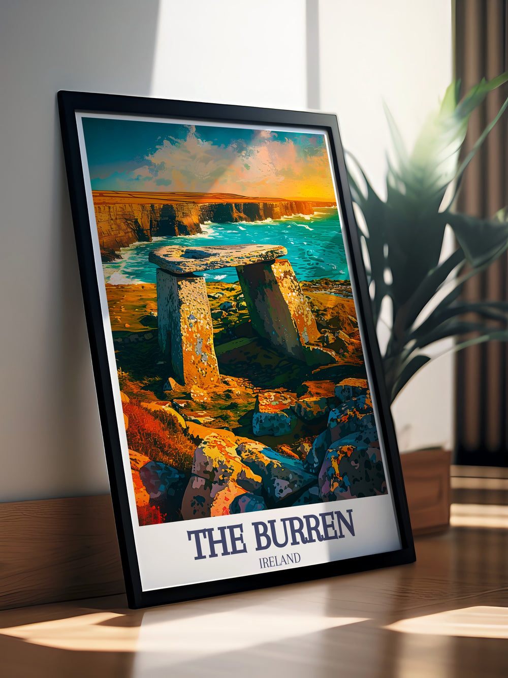 Beautiful Burren National Park wall art capturing the unique limestone pavements and vibrant wildflowers alongside Poulnabrone Dolmen Wild Atlantic Way ideal for home decor and gifts