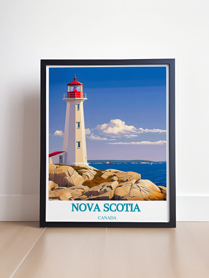 Detailed Peggys Cove artwork capturing the serene harbor and lighthouse. Ideal for modern decor, this Canadian print adds sophistication to any living room and is a memorable gift for those who appreciate scenic Canadian art.