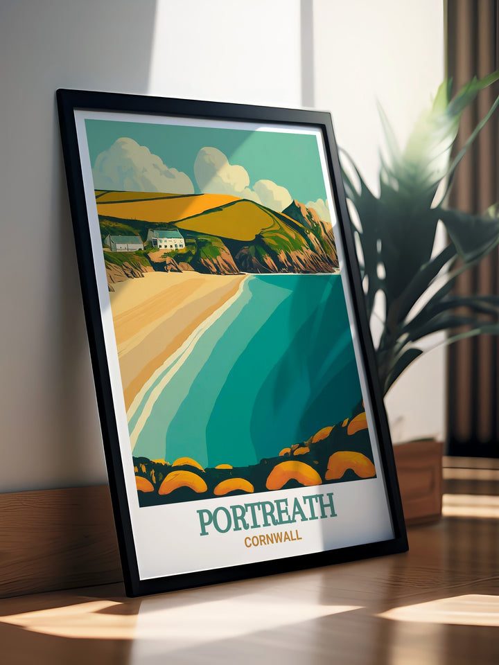 The charm of Portreath Beach is captured in this print, which highlights the beachs stunning views and tranquil atmosphere. The artwork brings the beauty of Cornwalls coast into your space, making it an ideal addition to any home decor. Whether for a living room or bedroom, this piece adds a coastal touch to your interior.