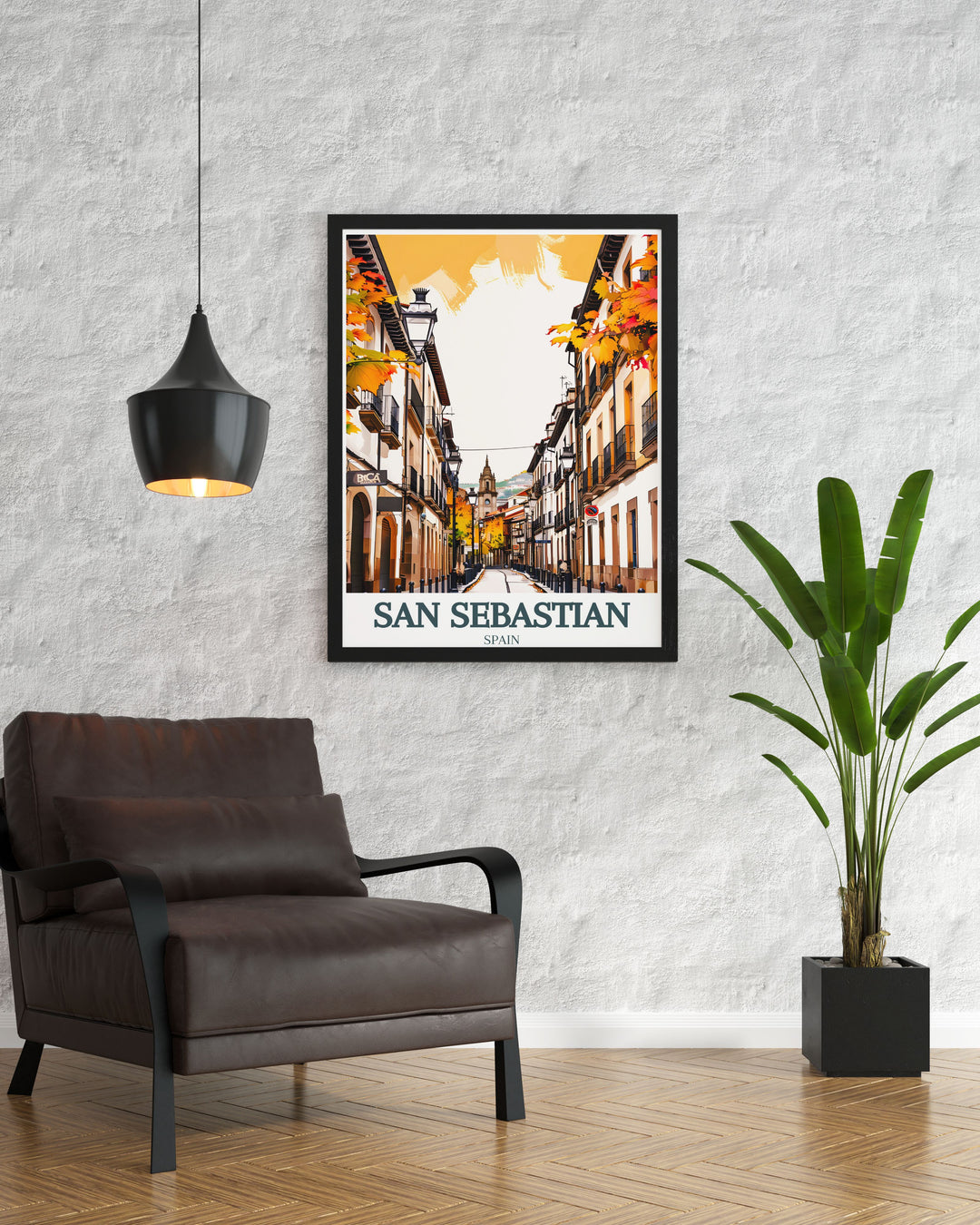 Colorful San Sebastian Poster showcasing Old Town and Buen Pastor Cathedral vibrant and modern this wall art adds charm and sophistication to any room perfect for Fathers Day Mothers Day and gifts for friends