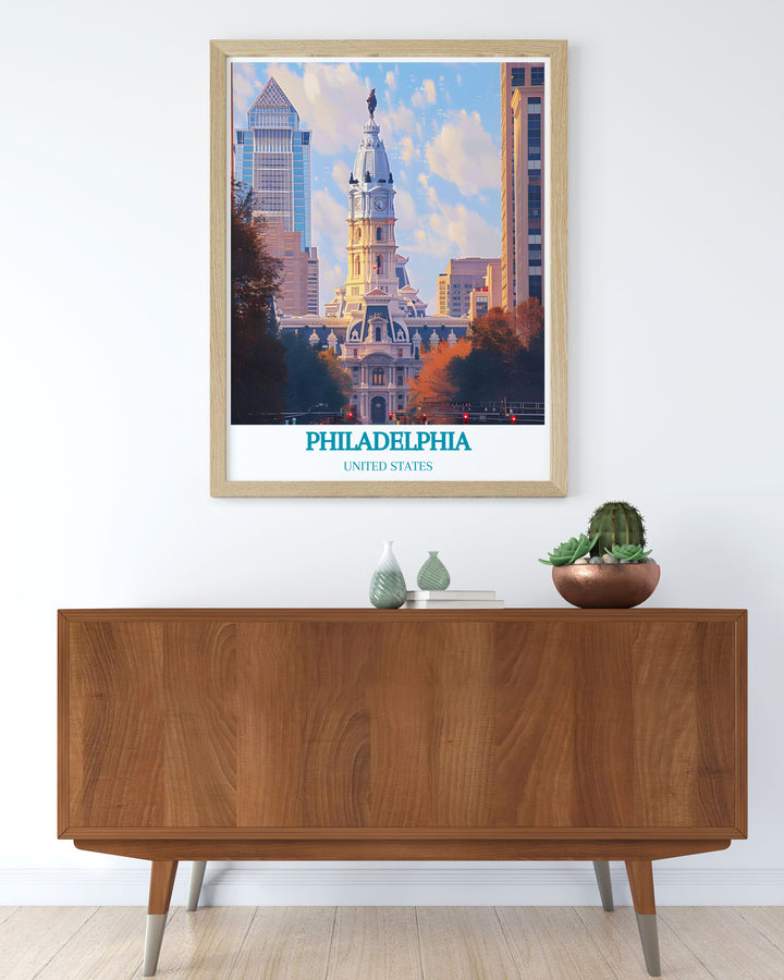 Present the grandeur of Philadelphia City Hall with this travel poster, illustrating the architectural elegance and cultural importance of this historic building.