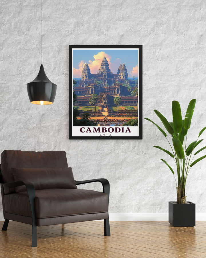 Captivating Angkor Wat artwork featuring the majestic structure in fine line detail offering a beautiful addition to your collection of Cambodia art prints.