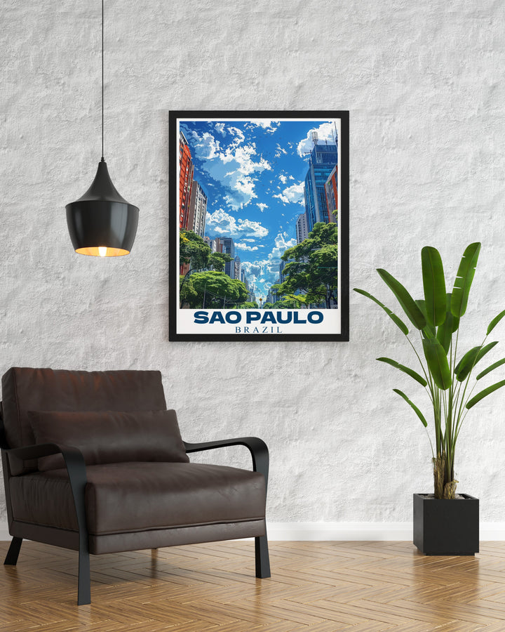 Elegant Brazil print featuring the bustling Paulista Avenue in Sao Paulo. This Sao Paulo poster adds a unique cultural flair to home decor and makes a stunning Brazil gift for lovers of cityscape art and modern prints.