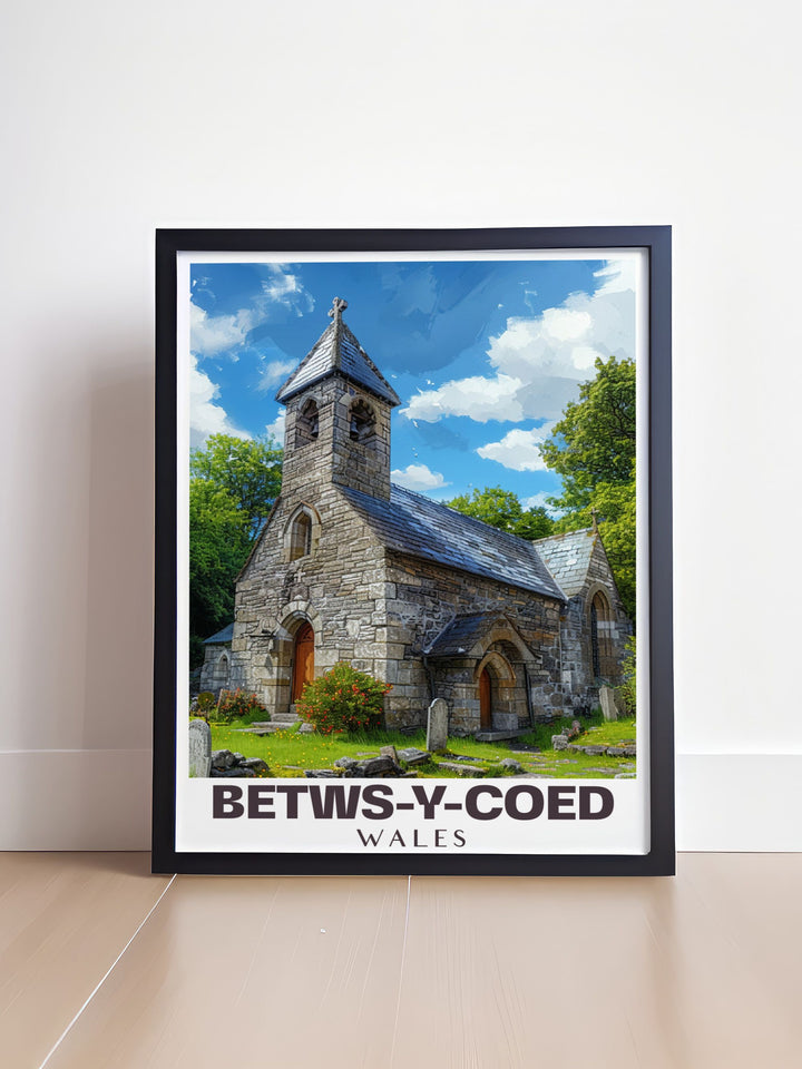 St. Michaels Old Church in Betws y Coed captured in this vibrant Wales art print perfect for adding cultural significance and visual appeal to your wall decor making it an ideal choice for lovers of travel prints and historical landmarks.