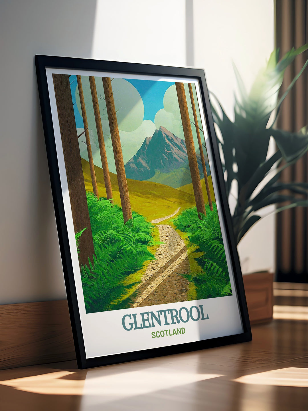 This elegant cycling print highlights the beauty of Glentrool Trailhead and the mountain bike trails surrounding Loch Trool perfect for those who enjoy nature inspired decor and celebrating the outdoors.