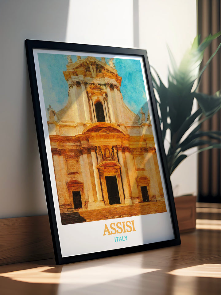 Assisi travel decor featuring a detailed print of the Basilica of Saint Francis of Assisi in Italy. This Italy wall art captures the essence of Assisis spiritual aura and architectural splendor, making it a perfect addition to any room or a thoughtful gift for Italy enthusiasts