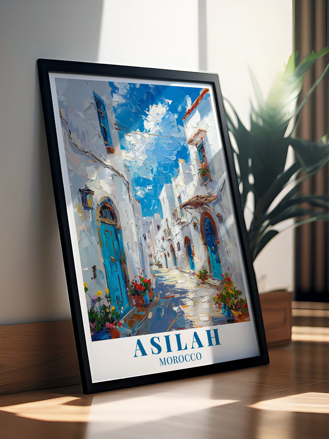 Asilah Coastal Wall Art A mesmerizing coastal scene that showcases the tranquil blue waters and sandy shores of Asilahs coastline, complemented by the architecture of the Medina. This wall art piece brings together both the beauty of the Moroccan coast and the cultural depth of its urban setting. Ideal for any interior, it offers a detailed look at Moroccos architectural heritage and natural wonders, blending them harmoniously in one artwork.