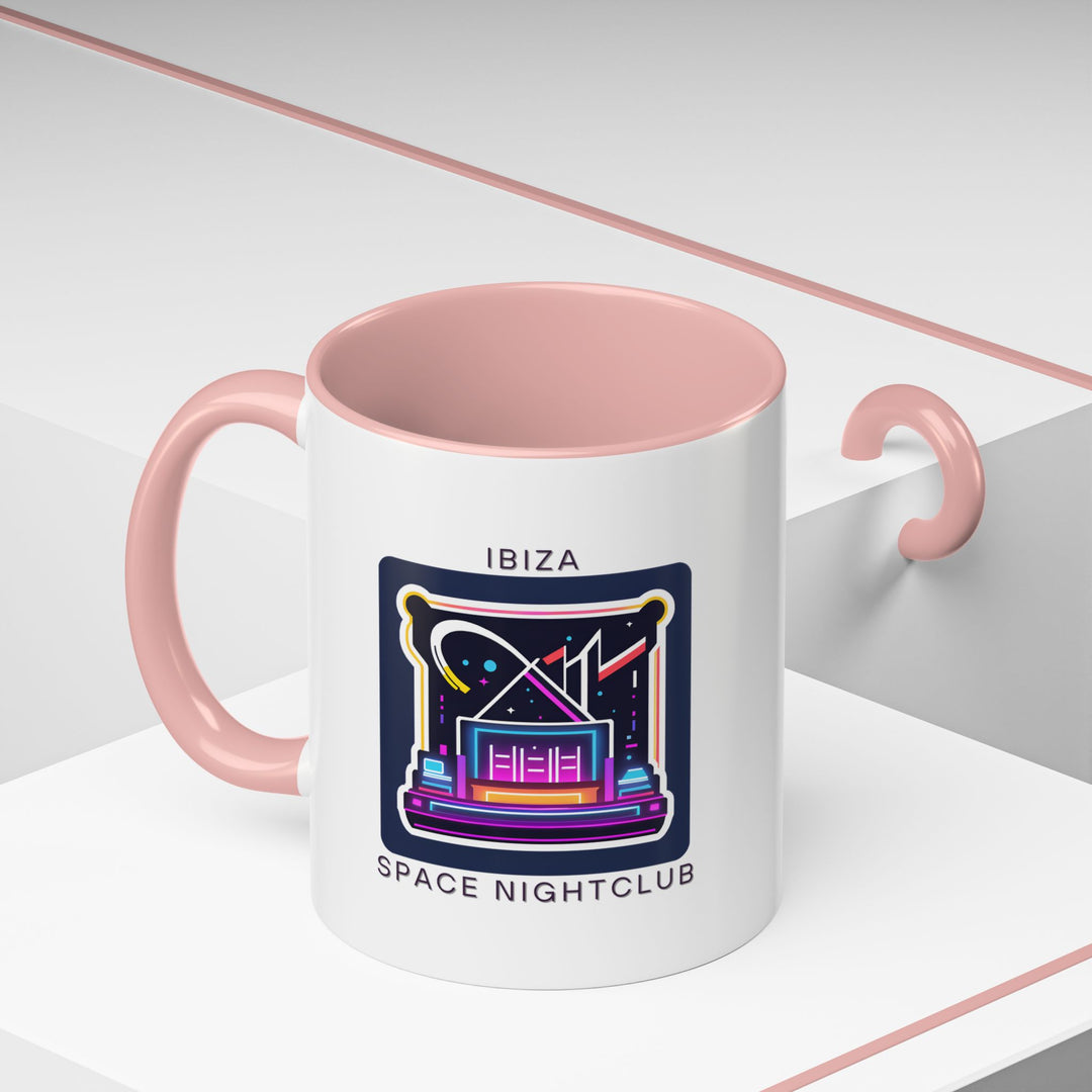 A premium Space Nightclub Ibiza mug displaying the islands vibrant nightlife in vivid detail. Made from durable ceramic, dishwasher and microwave safe, combining practicality with artistic expression for everyday enjoyment or special occasions.