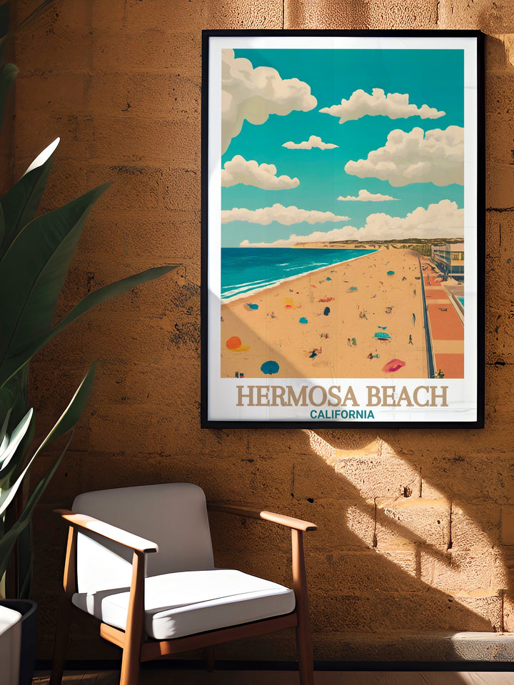 A colorful, modern map of Hermosa Beach that combines fine lines with bold design. This city print is an artistic representation of the beach town and makes a great gift for anyone who loves the laid back lifestyle of Californias coastal cities.