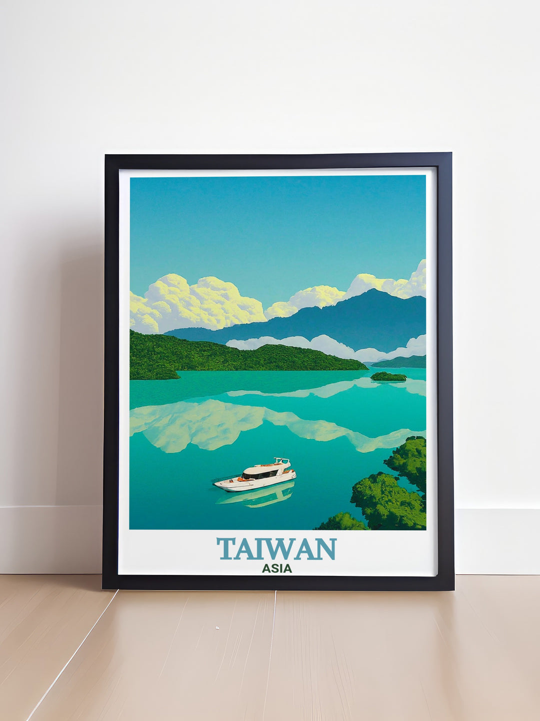 Stunning Sun Moon Lake framed prints offering a tranquil and calming visual experience making them perfect for stunning living room decor and an elegant addition to any room.