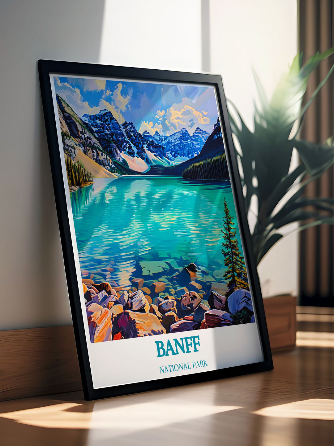 Wall art of Lake Louise showcasing a clear, reflective lake view during a calm summer morning, ideal for bringing tranquility to any living space.