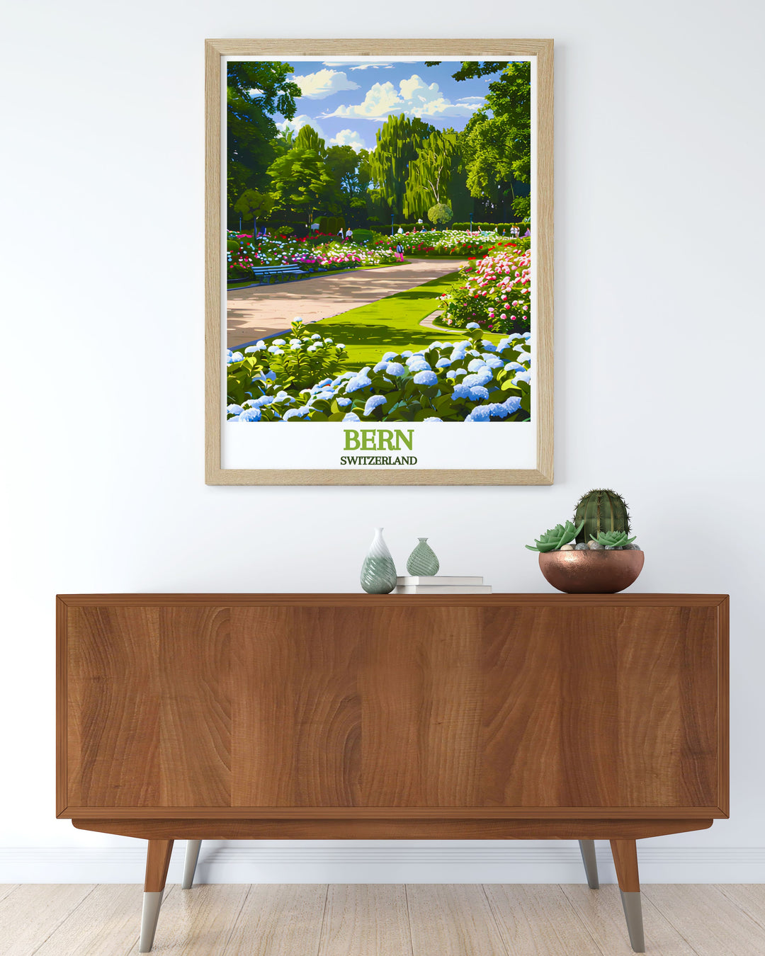 Featuring the lush greenery and colorful blooms of the Rosengarten, this travel poster captures the natural beauty of Bern, ideal for those who appreciate scenic landscapes.