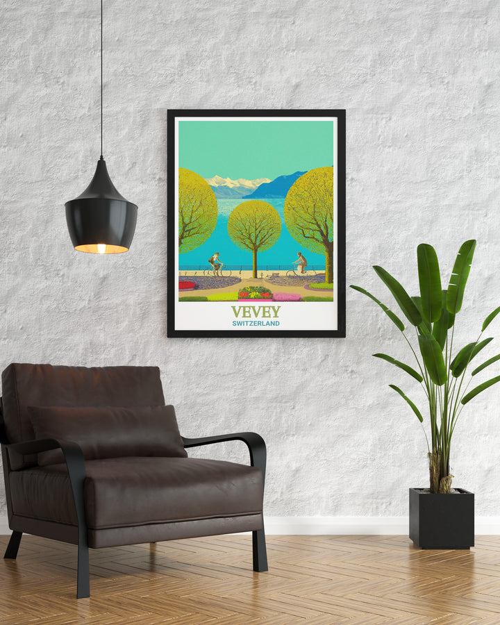 Vevey travel print highlighting the serene views of Lake Geneva and the stunning Vevey Promenade. This Switzerland artwork is perfect for those who appreciate the natural beauty of Switzerland and want to bring a piece of it into their living space.