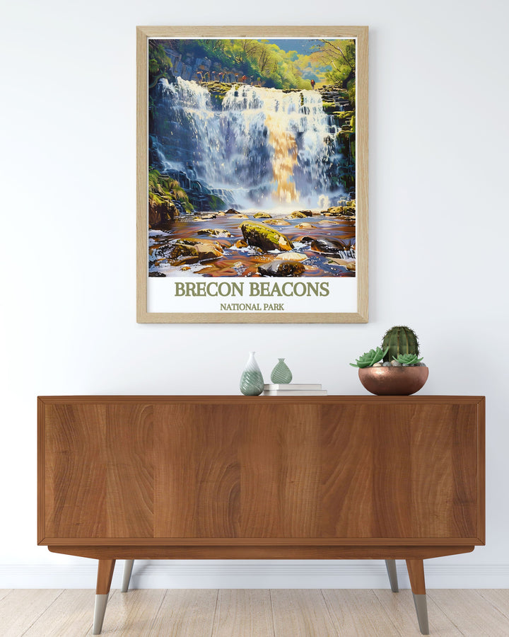 Exquisite poster of Sgwd yr Eira, one of the most iconic waterfalls in the Brecon Beacons National Park. The print showcases the waterfalls graceful cascade and the surrounding lush environment, ideal for adding a tranquil touch to any space.