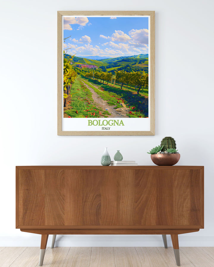 Beautiful Bologna travel poster capturing the vibrant streets and picturesque hills of Colli Bolognesi, perfect for enhancing your home or office with Italys iconic landmarks.