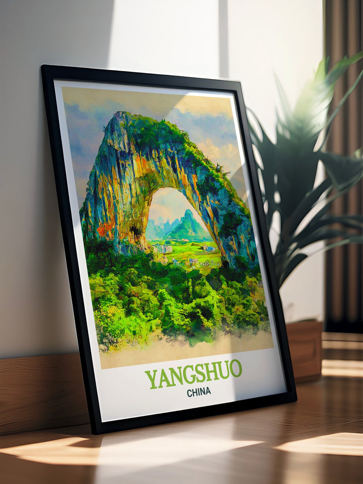 Moon Hill travel print showcasing the unique arch formation nestled in the karst mountains of Yangshuo, China. This detailed artwork brings the serene landscape into your living space, ideal for nature enthusiasts and those who appreciate Chinese culture.