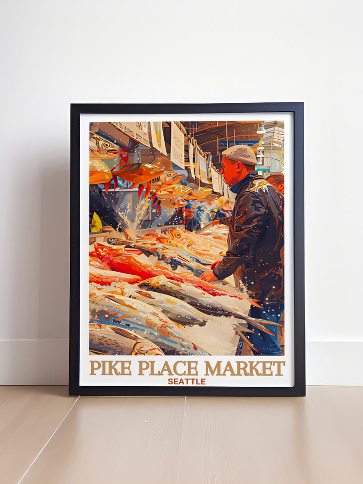 Elegant home decor print of Seattles Pike Place Fish Market capturing the playful and lively spirit of the market perfect for modern living room decor or as a unique gift for friends and family who love Seattle and its famous market