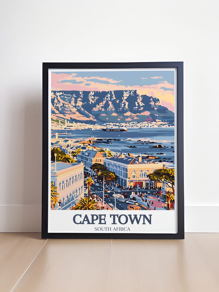 Eye catching South Africa wall decor showcasing Table Mountain and the iconic Cape of Good Hope. This Cape Town poster is perfect for bringing the natural beauty and scenic charm of these landmarks into your home.