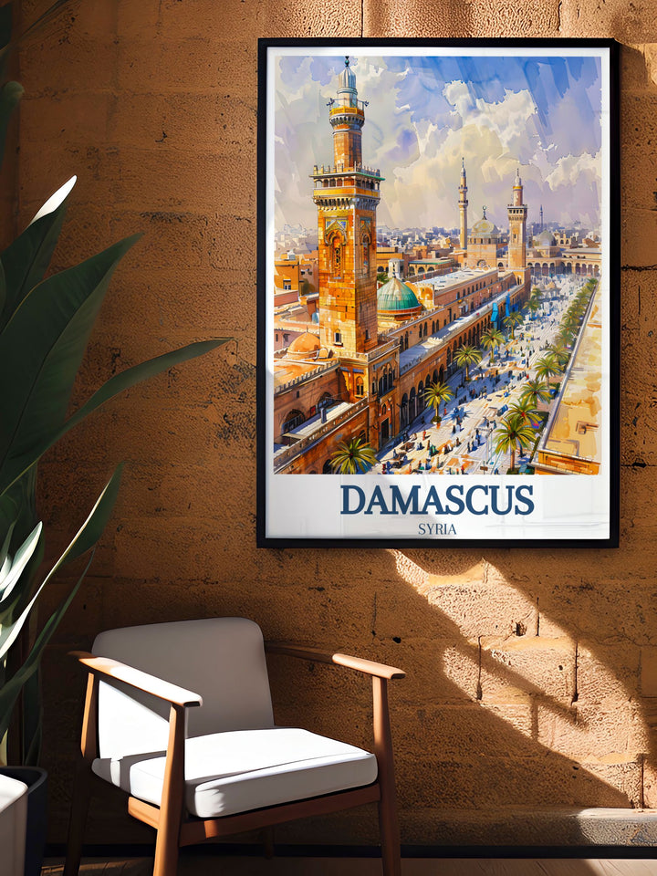 Discover the architectural beauty of Damascus with this travel print, highlighting the Umayyad Mosque and Straight Street. Ideal for art lovers and history enthusiasts, this canvas art adds a touch of cultural elegance to any room.