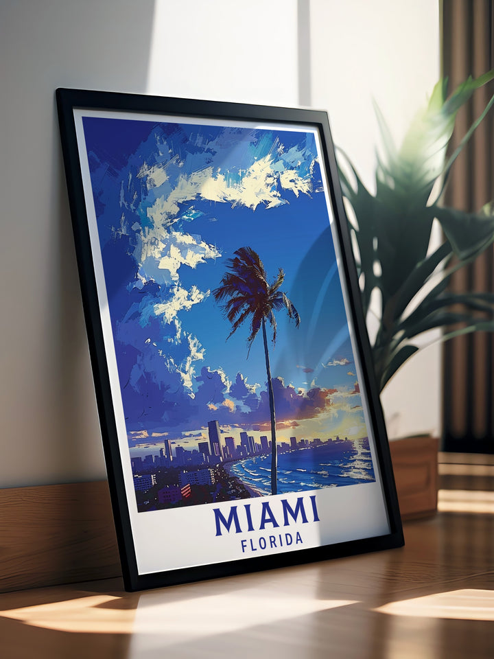 Our Miami Travel Print showcases a picturesque view of Miami Beach, with its famous white sands and clear blue skies. This art print adds a tropical vibe to any decor, making it an ideal choice for Miami lovers and beach enthusiasts.