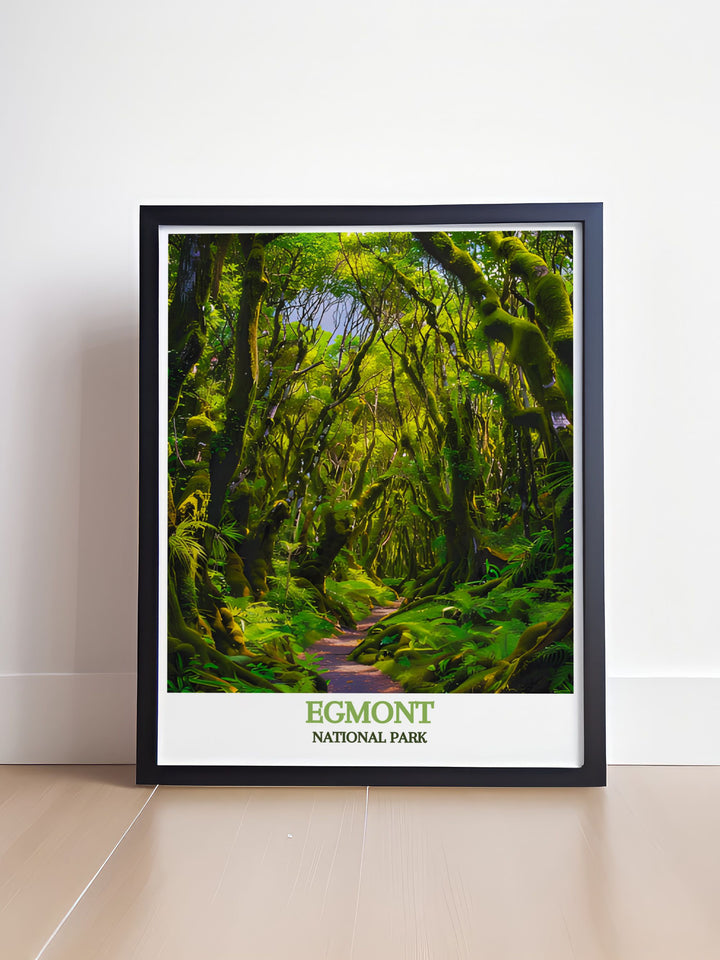 Poster featuring the enchanting Goblin Forest, showcasing its moss covered trees and otherworldly atmosphere within Egmont National Park.