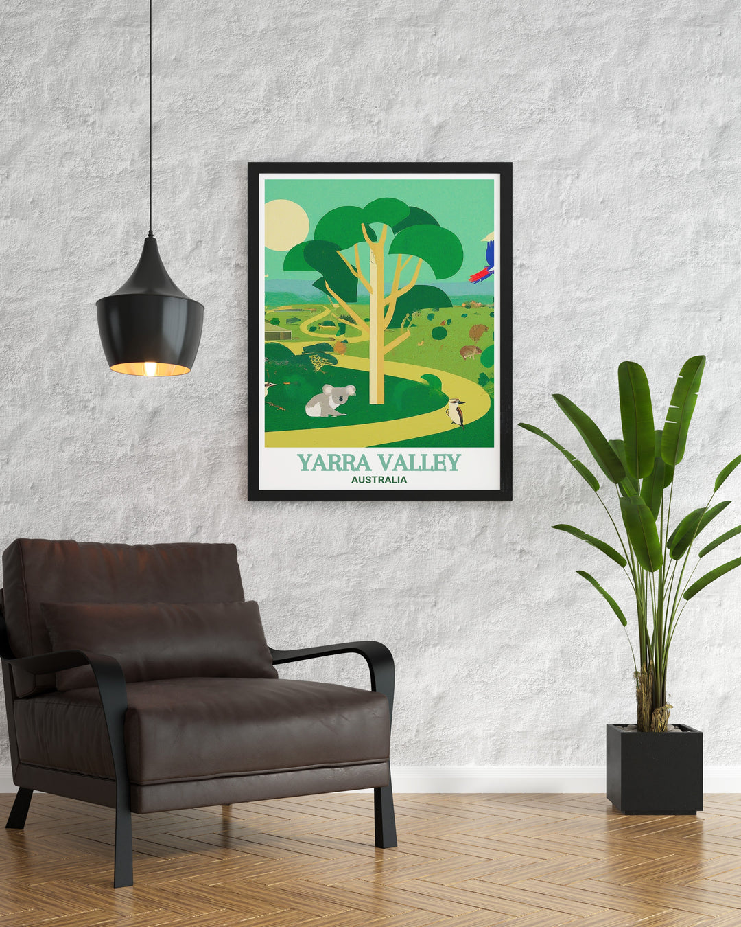 Healesville Sanctuary travel print features a picturesque view of the sanctuarys lush landscape, ideal for anyone passionate about Australias native wildlife. This art print adds an earthy touch to any room.