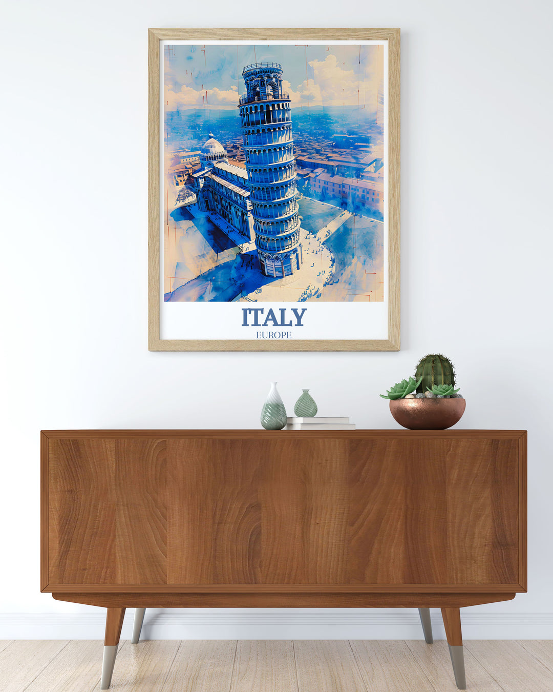 Highlighting the Leaning Towers unique tilt and the Pisa Cathedrals grandeur, this travel poster is perfect for adding a touch of Italys historic charm to your space.