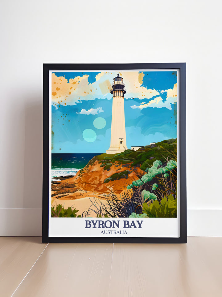 Byron Bay Colorful Print featuring Main Beach and Byron Bay Lighthouse. A versatile piece of wall art that enhances any room with its lively depiction of one of Australias most beloved coastal destinations.