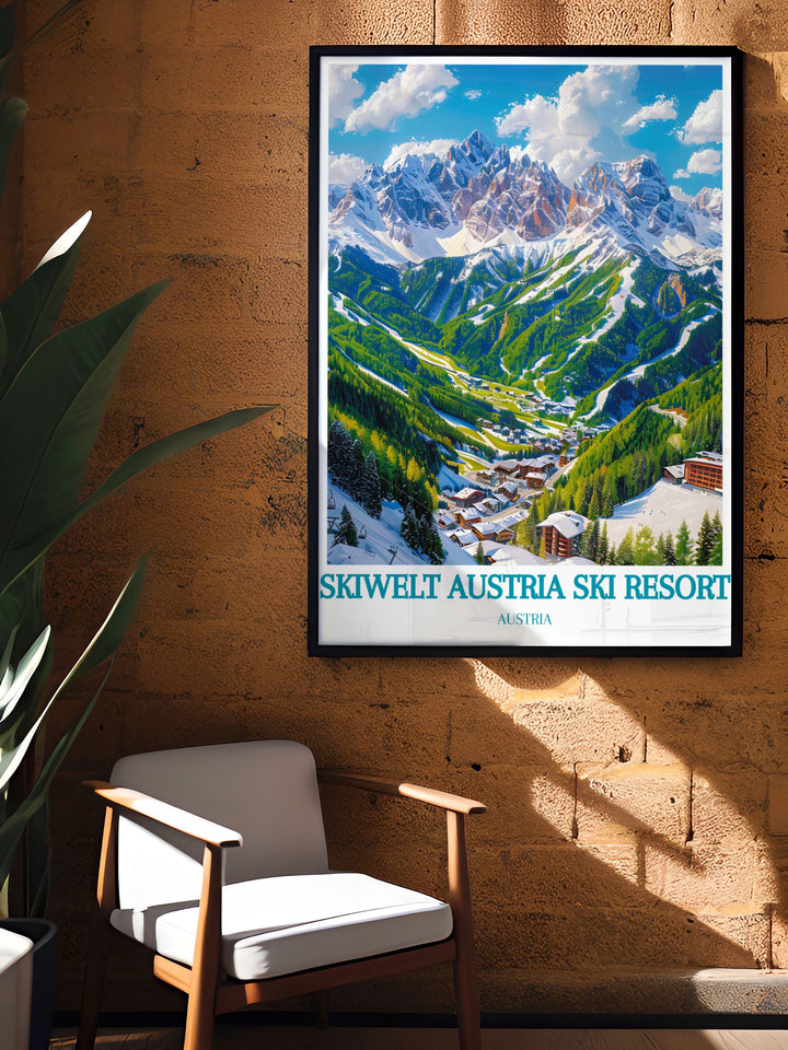 Elevate your decor with this SkiWelt Austria Ski Gondola Poster featuring the breathtaking Ellmau region. The vintage design and iconic imagery make it a perfect fit for anyone looking to add unique and stylish ski resort art to their home or office.