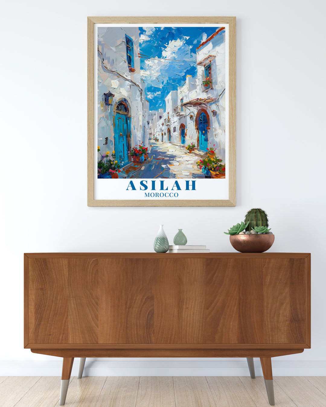 Asilah Gift Print This beautiful gift print captures Asilahs unique combination of historic architecture and stunning coastal views. The intricate details of the Medinas buildings, along with the serene coastal landscapes, create a vivid portrayal of Moroccos cultural and natural beauty. Ideal as a gift for anyone who loves Moroccan aesthetics, travel, and history, it serves as a reminder of the peaceful yet lively nature of this historic city.