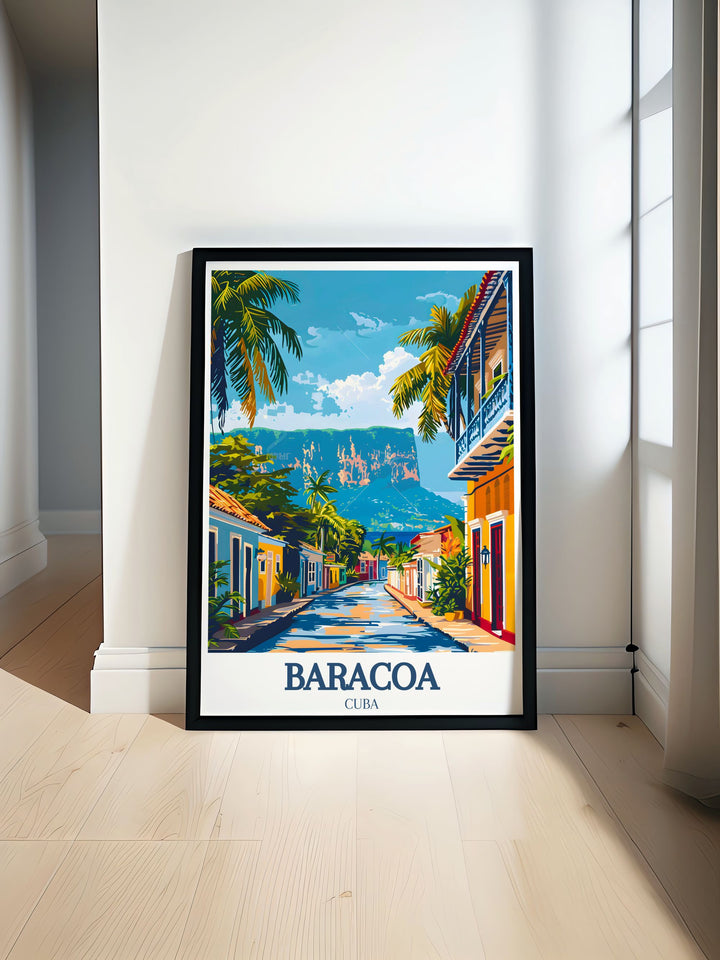 Stunning Baracoa poster featuring the picturesque Baracoa town and majestic El Yunque Mountain, capturing the rich history and natural beauty of this iconic Cuban location. Perfect for adding a touch of Cubas charm to your home decor.
