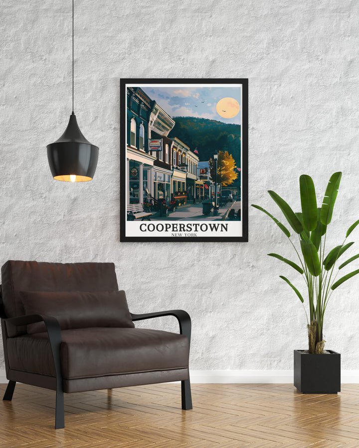 This travel print of Cooperstowns downtown area highlights the beauty of its historic Main Street, blending nostalgia with vibrant artwork. Perfect for decorating homes or offices with a piece of New Yorks unique charm.