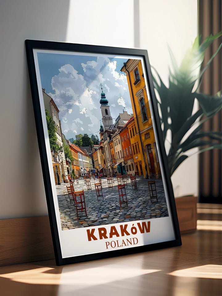 This beautiful Krakow art print features the Jewish Quarter, highlighting its iconic streets and historical significance. A perfect travel print for anyone who appreciates European architecture and Polish culture.