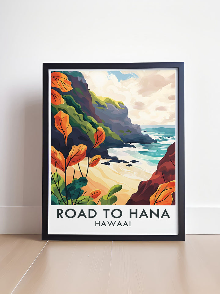 Wainapanapa State Park artwork capturing the striking black sand beaches and stunning views. These modern prints are perfect for adding a unique and elegant touch to your home decor, ideal for nature lovers.